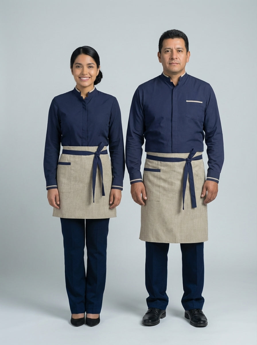 Dama y caballero con camisa azul marino de cuello mao y vivo beige y mandil arena para personal de restaurante.