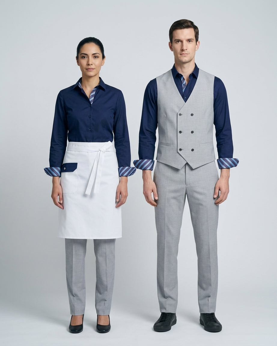 Dama y caballero con camisa azul marino de detalle de rayas azul y chaleco gris para personal de restaurante.