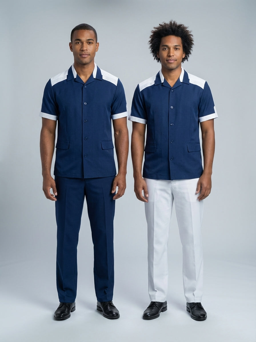 Camisa azul marino de manga corta con hombros y puños blancos, para bellboy y valet de hotel.