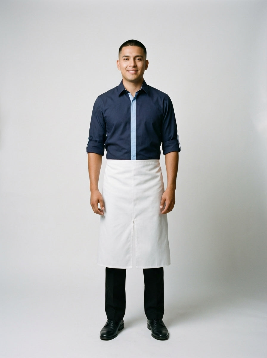 Caballero con camisa azul marino de placket azul claro y mandil blanco para mesero de restaurante.