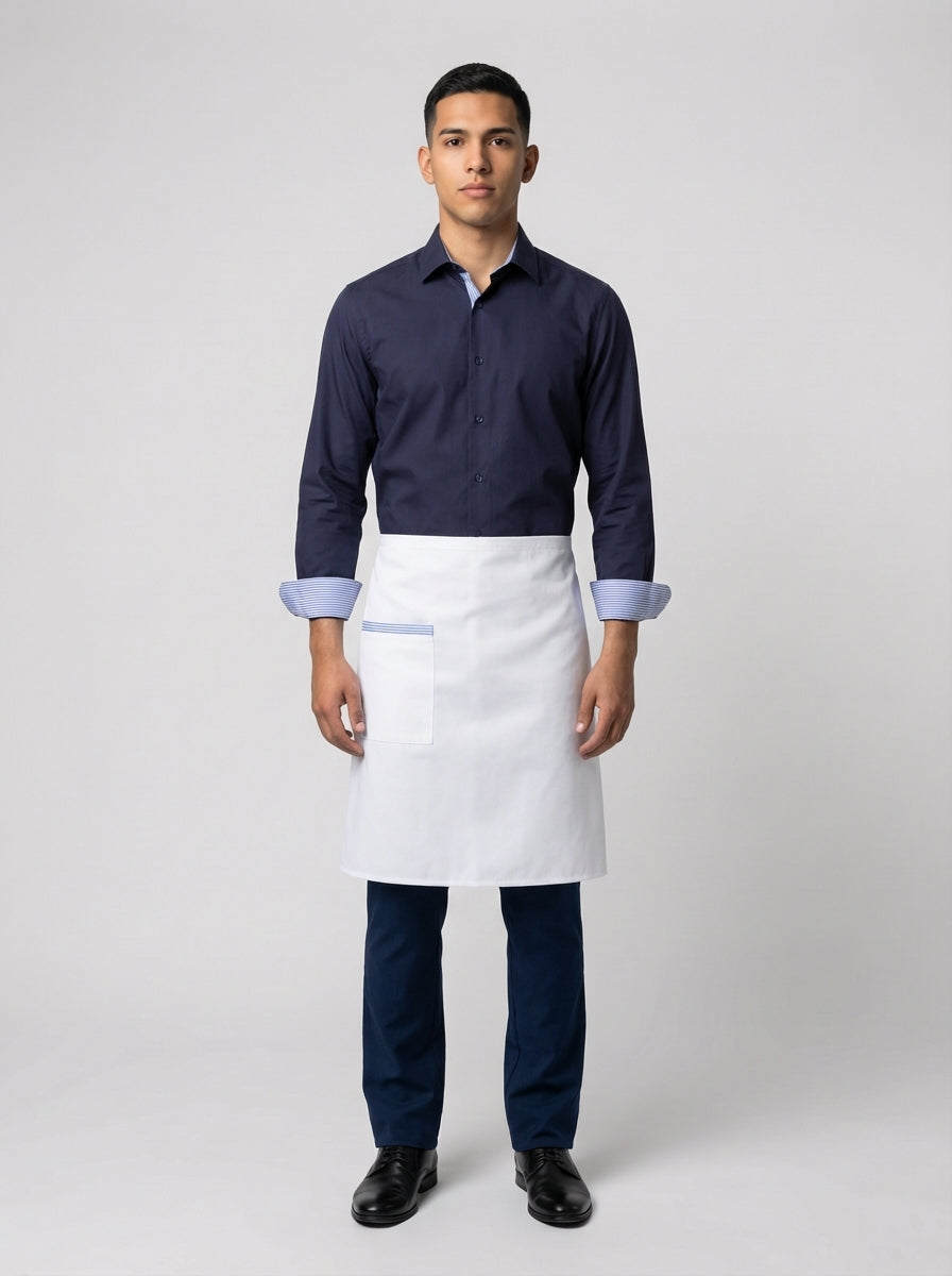 Caballero con camisa azul marino de puños de rayas y mandil blanco para mesero de restaurante.
