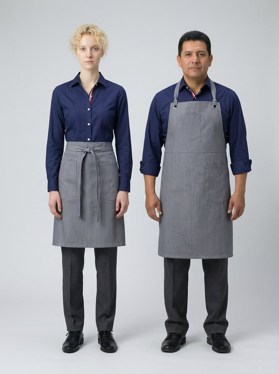 Dama y caballero con camisa azul marino de vista de rayas roja y mandil gris para personal de restaurante.