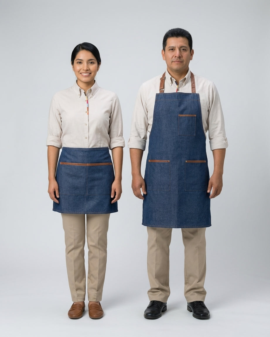 Dama y caballero con camisa beige oxford y mandil de mezclilla azul para personal de restaurante.