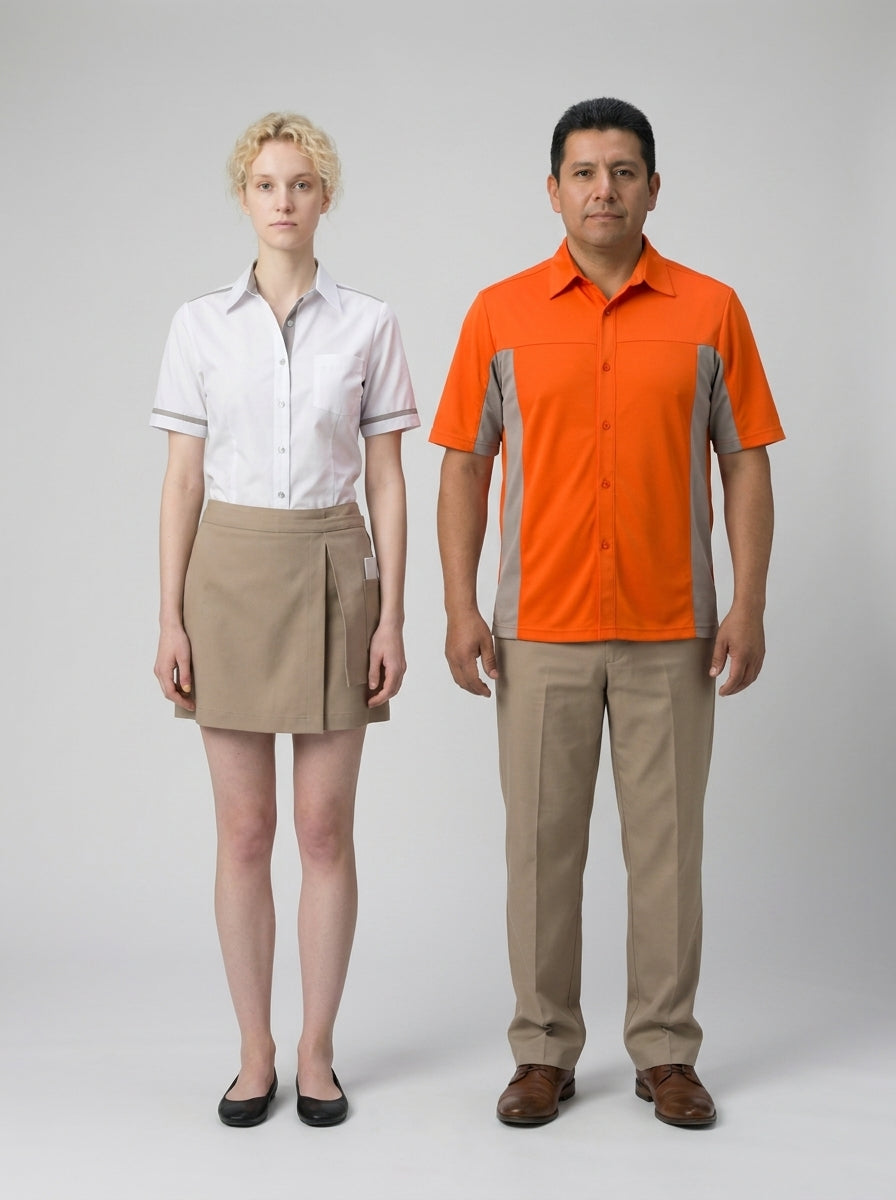 Dama con blusa blanca y falda beige y caballero con camisa naranja y gris con pantalón caqui para personal de alberca de resort.