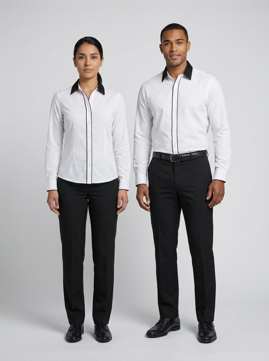 Camisa blanca con cuello negro, ribete en pechera y puños negros, versión femenina y masculina para dealer.