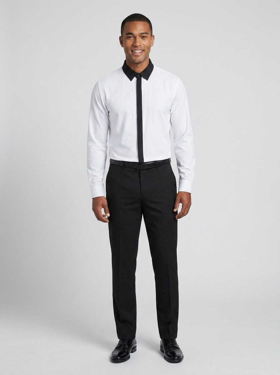 Camisa blanca manga larga con cuello negro y franja negra frontal para dealer de casino.