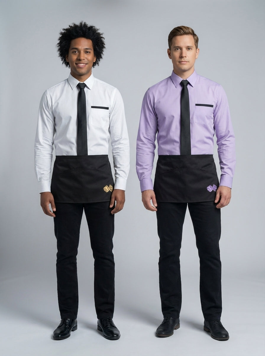 Dos variantes de camisa manga larga, en blanco y lila, con corbata negra y mandil negro para dealer de casino.