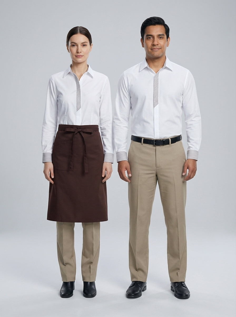 Dama y caballero con camisa blanca de placket de rayas y puños a juego para personal de restaurante.