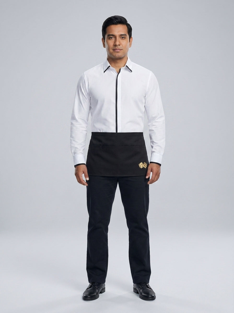 Camisa blanca manga larga con ribete negro en cuello y pechera frontal, y puños negros, para dealer de casino.