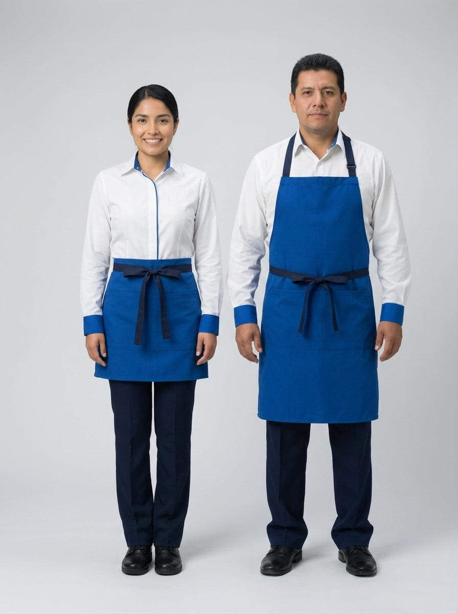 Dama y caballero con camisa blanca de vivo azul marino y mandil azul rey para personal de restaurante.