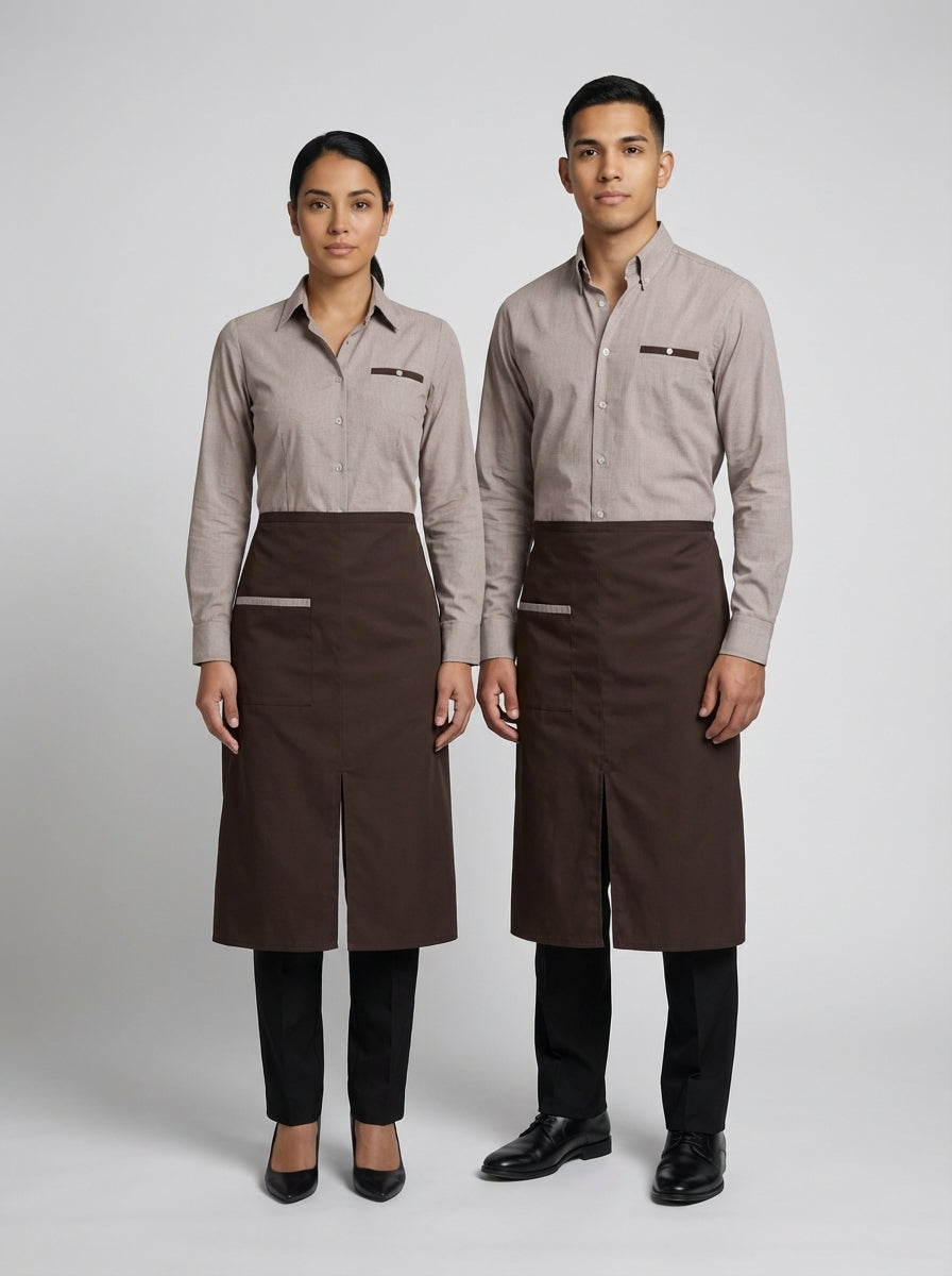 Dama y caballero con camisa café de bolsillo con vivo y mandil café para personal de restaurante.