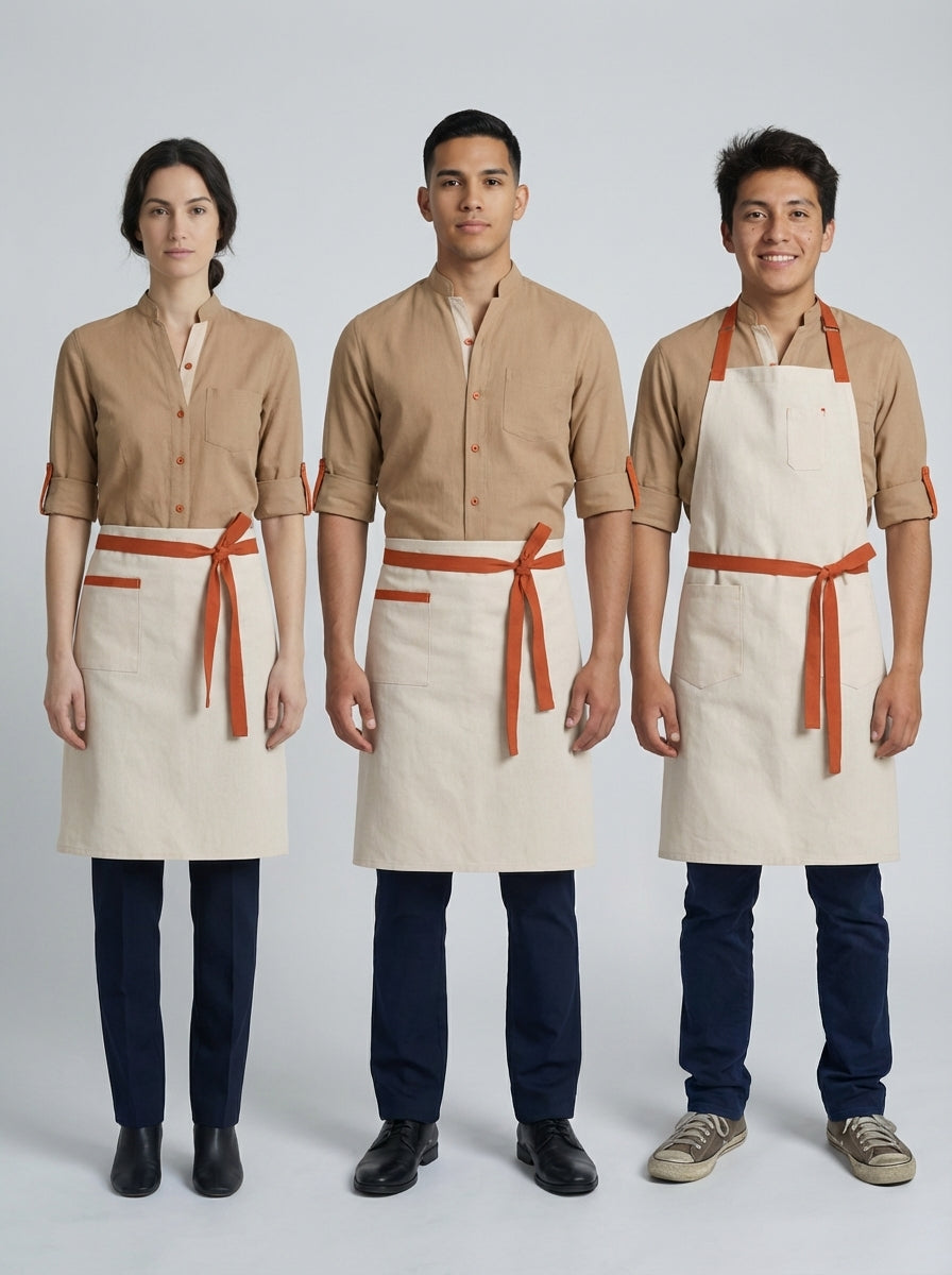 Tres personas con camisa camel de cuello mao y botones naranjas con mandil arena para personal de restaurante.