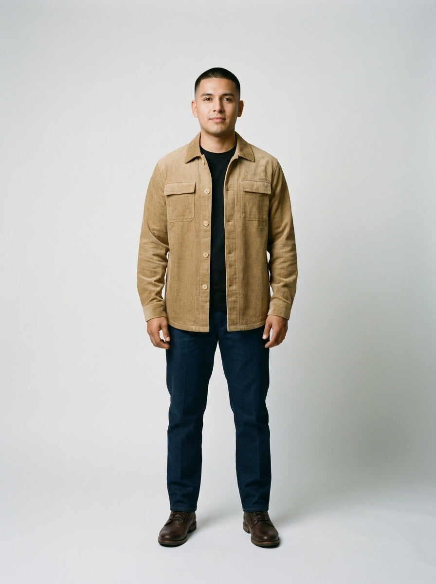 Caballero con camisa chamarra de pana beige con playera negra y pantalón azul marino para valet y bellboy de hotel.