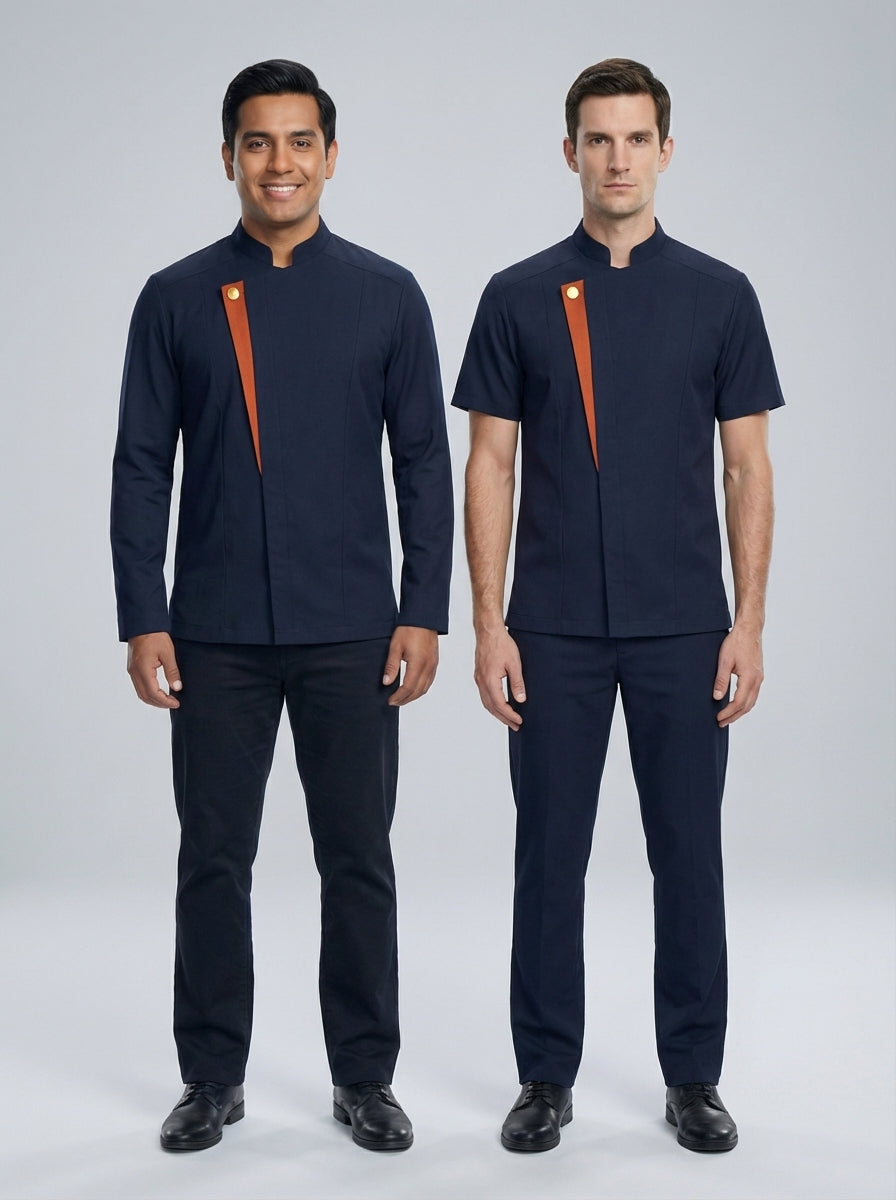 Camisa y chaqueta azul marino con tira diagonal naranja, manga corta o larga, para bellboy y valet de hotel.
