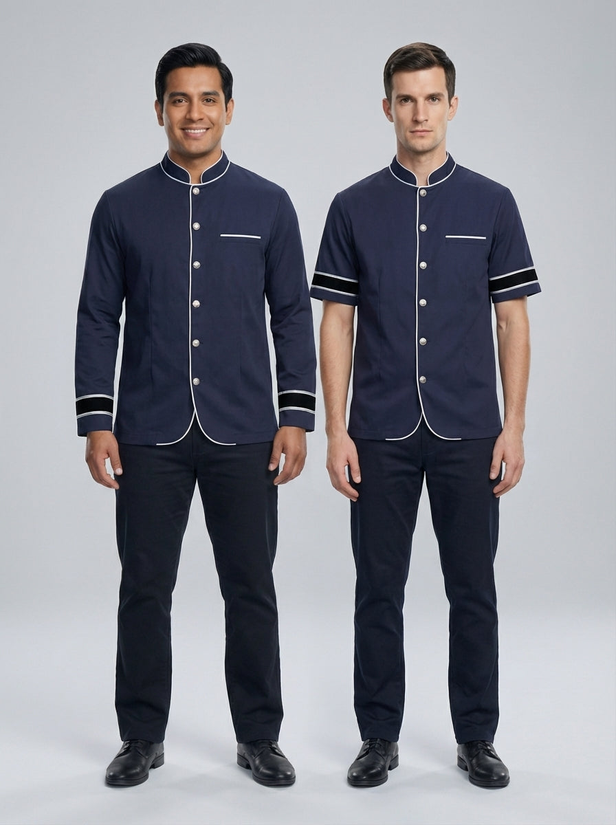 Camisa y chaqueta azul marino con vivo blanco y galón, manga corta o larga, para bellboy y valet de hotel.