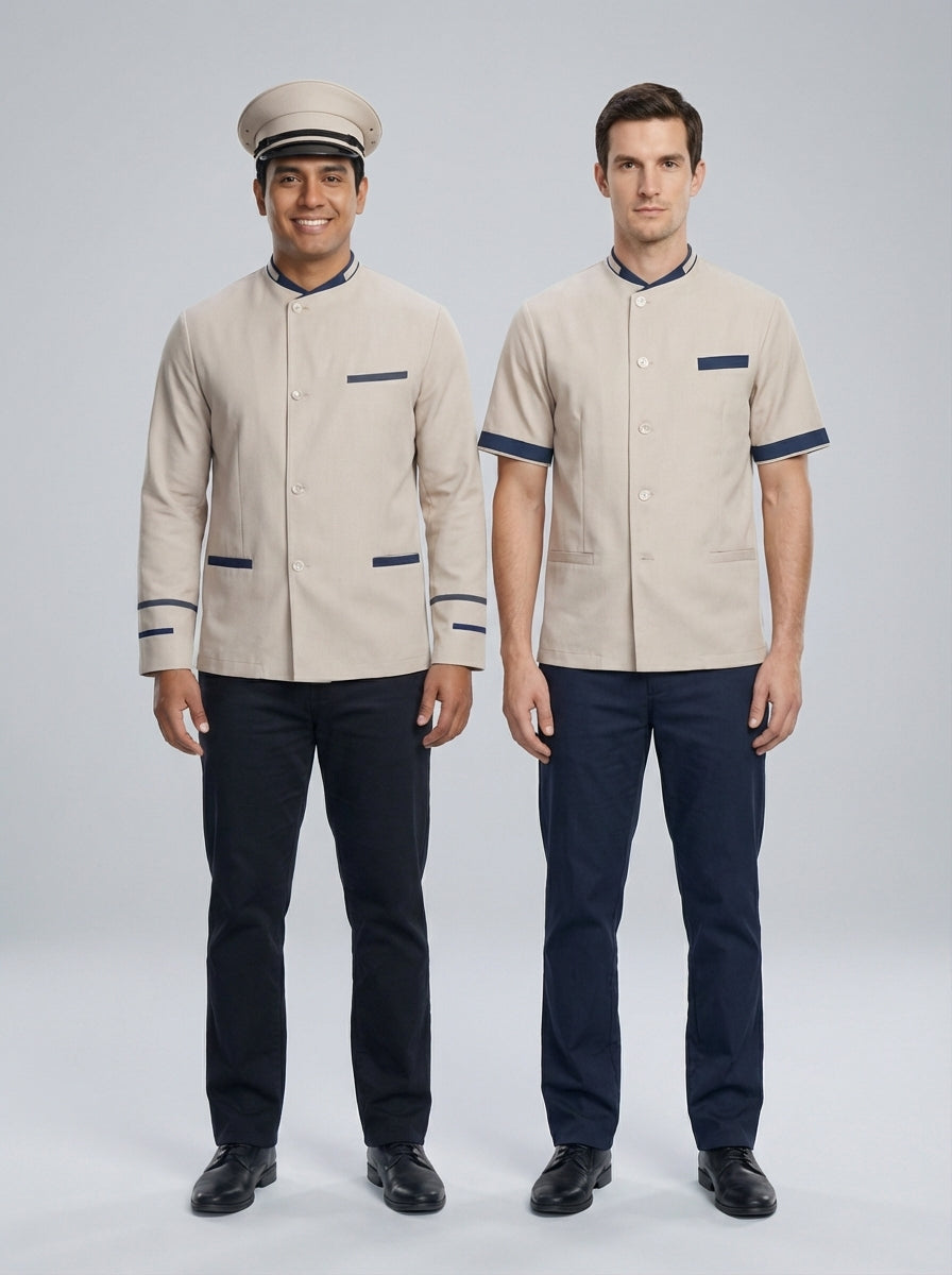 Camisa y chaqueta beige con cuello azul marino y gorra de plato, para bellboy y portero de hotel.