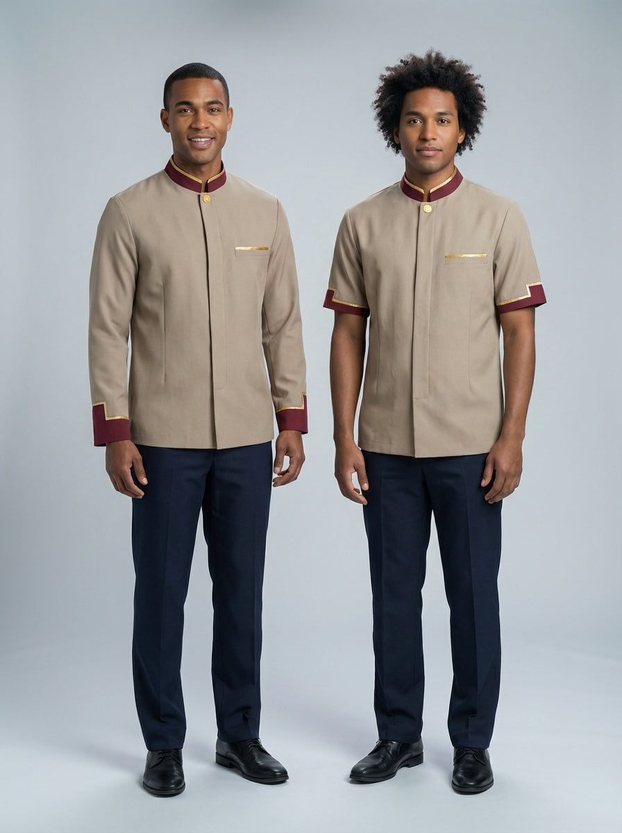 Camisa y chaqueta caqui con cuello vino y galón dorado, para bellboy y portero de hotel.