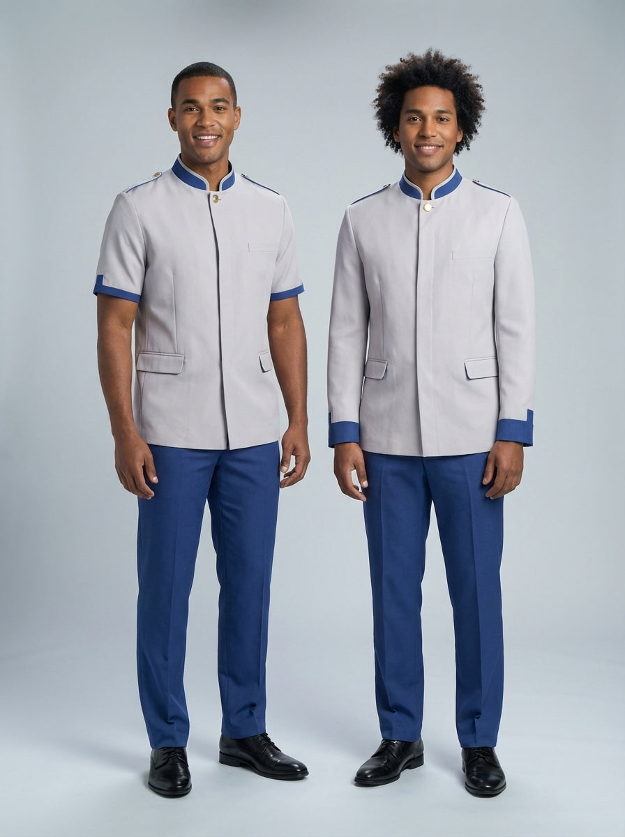 Camisa y chaqueta gris con cuello azul rey y charreteras, para bellboy y portero de hotel.