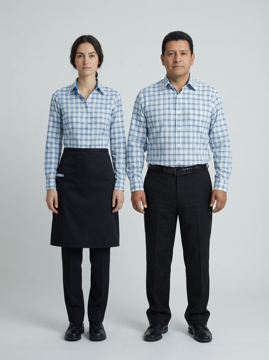 Dama y caballero con camisa a cuadros azul y blanco y pantalón negro para personal de restaurante.