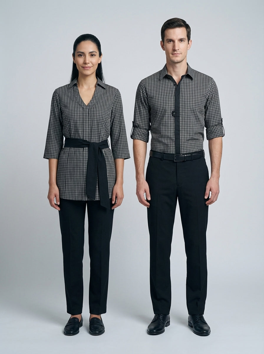 Dama y caballero con camisa a cuadros gris, blusa con cinturón y camisa con placket negro, para personal de restaurante.