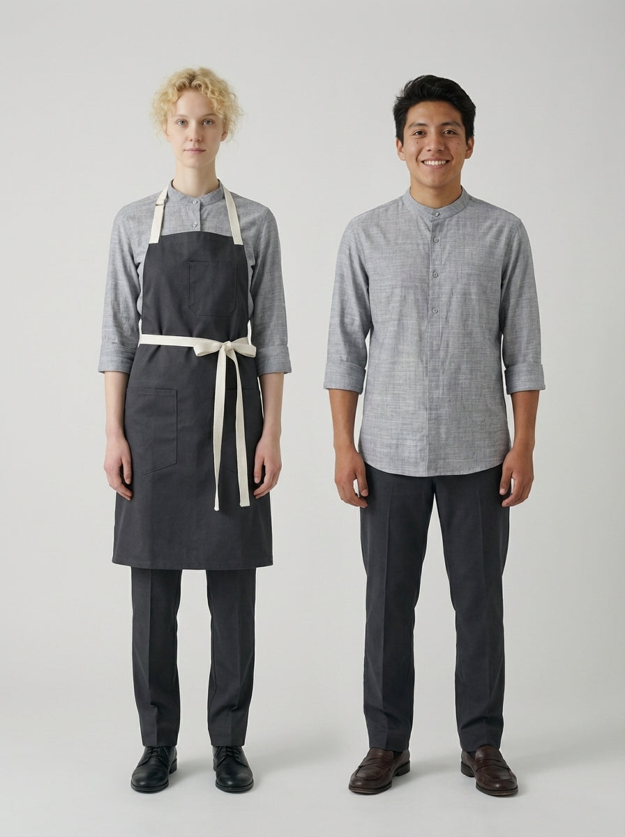 Dama y caballero con camisa gris de cuello mao y mandil gris oscuro para personal de restaurante.