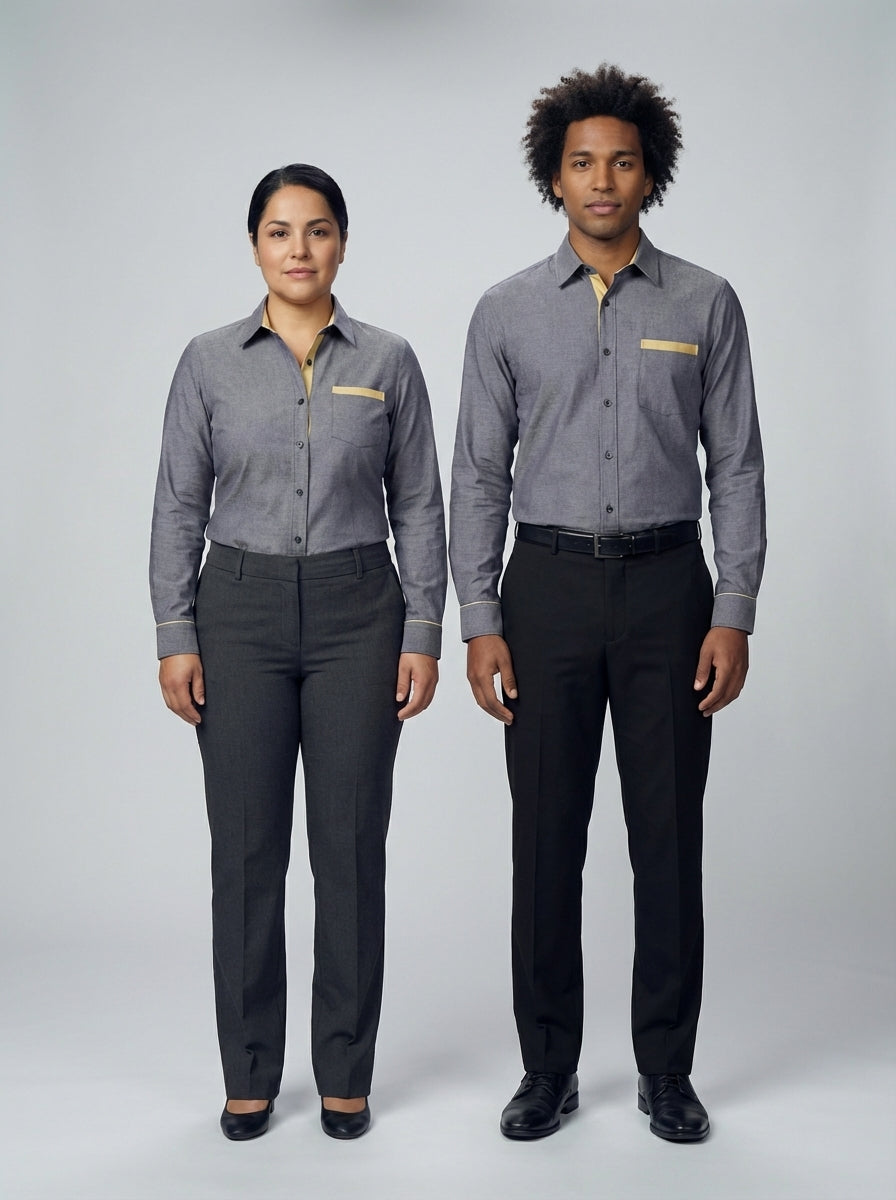 Dama y caballero con camisa gris de detalle dorado en cuello y bolsillo para personal de restaurante.