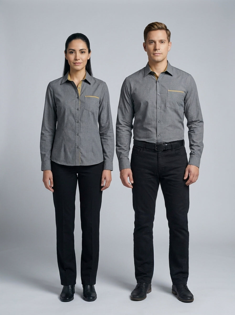 Camisa gris manga larga con detalle dorado en bolsillo, versión femenina y masculina para dealer de casino.