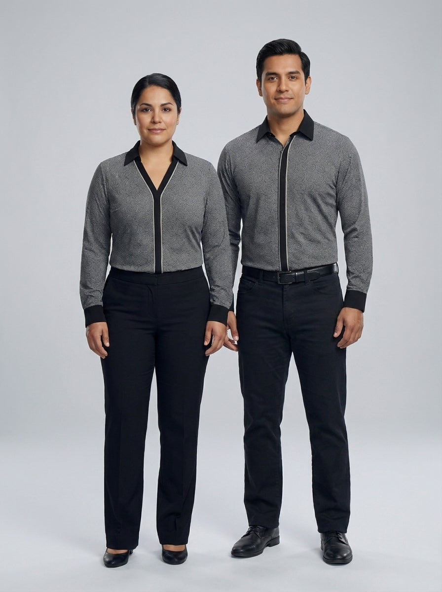 Camisa gris manga larga con estampado y cuello negro, versión femenina y masculina para dealer de casino.