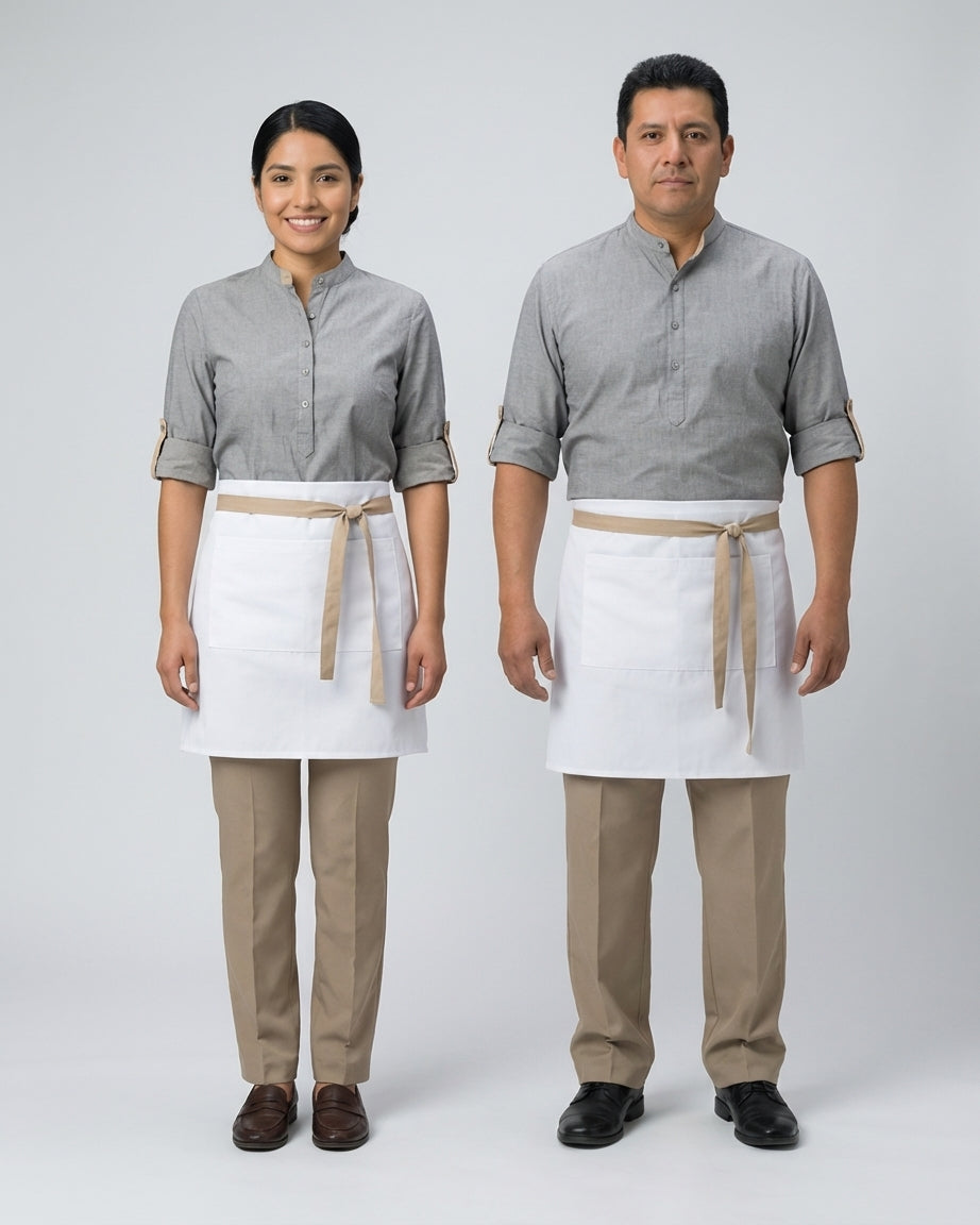Dama y caballero con camisa gris de cuello mao y botonadura corta con vivo beige para personal de restaurante.
