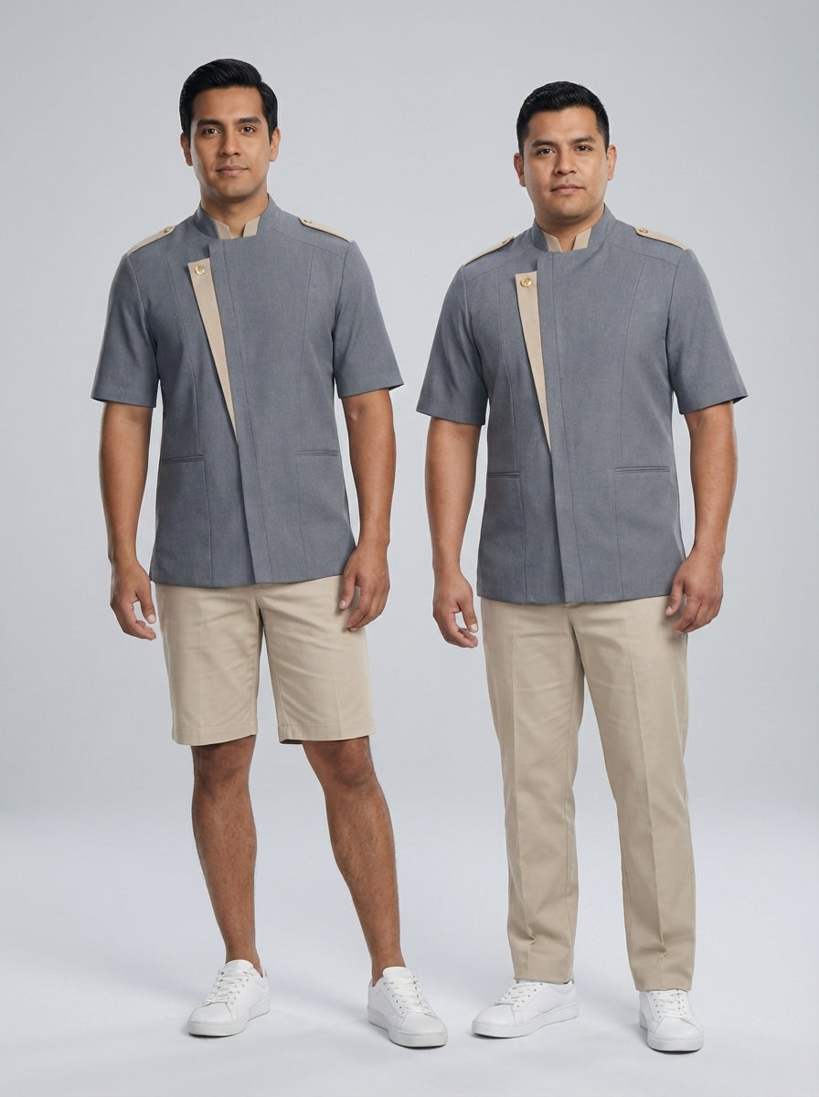 Camisa gris de manga corta con tira beige y charreteras, para bellboy y valet de hotel.