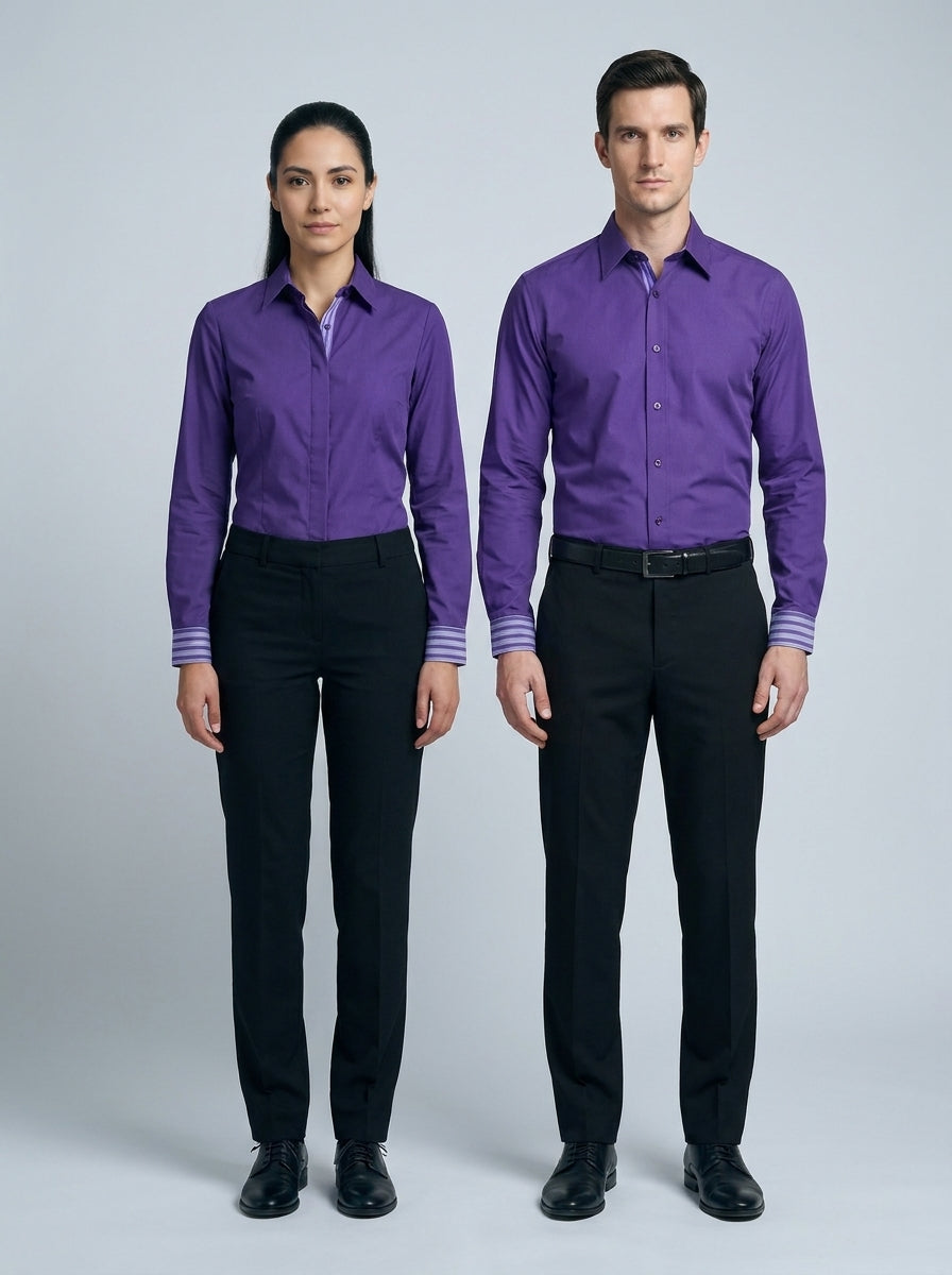 Camisa morada manga larga con puños a rayas en lila, versión femenina y masculina para dealer de casino.