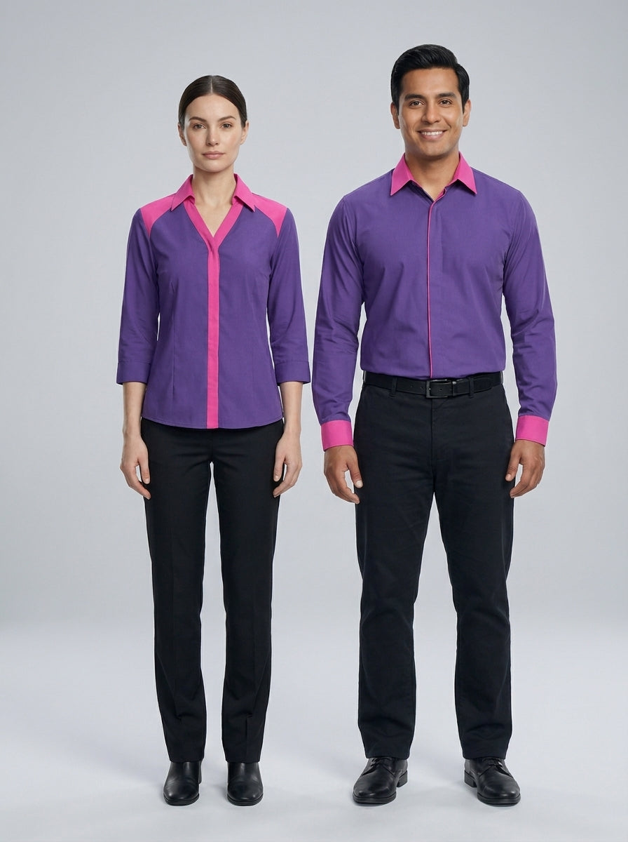 Camisa morada manga larga con cuello y puños en fucsia, versión femenina manga ¾ y masculina manga larga para dealer.