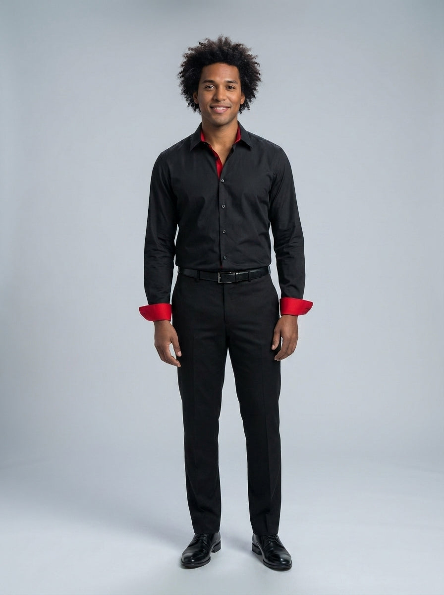 Camisa negra de manga larga con interior de cuello y puños en rojo para dealer de casino.
