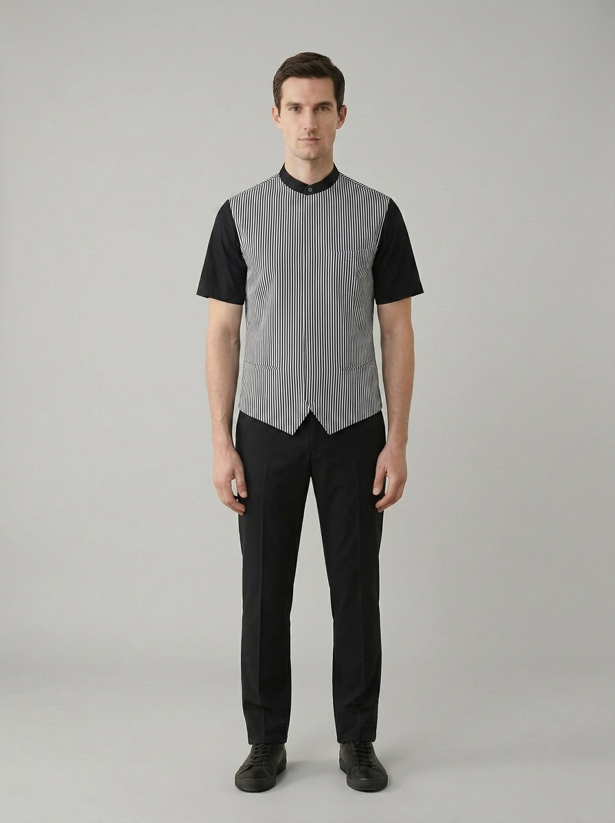 Caballero con camisa de frente a rayas y cuello mao con mangas y pantalón negro para mozo de cuartos de hotel.