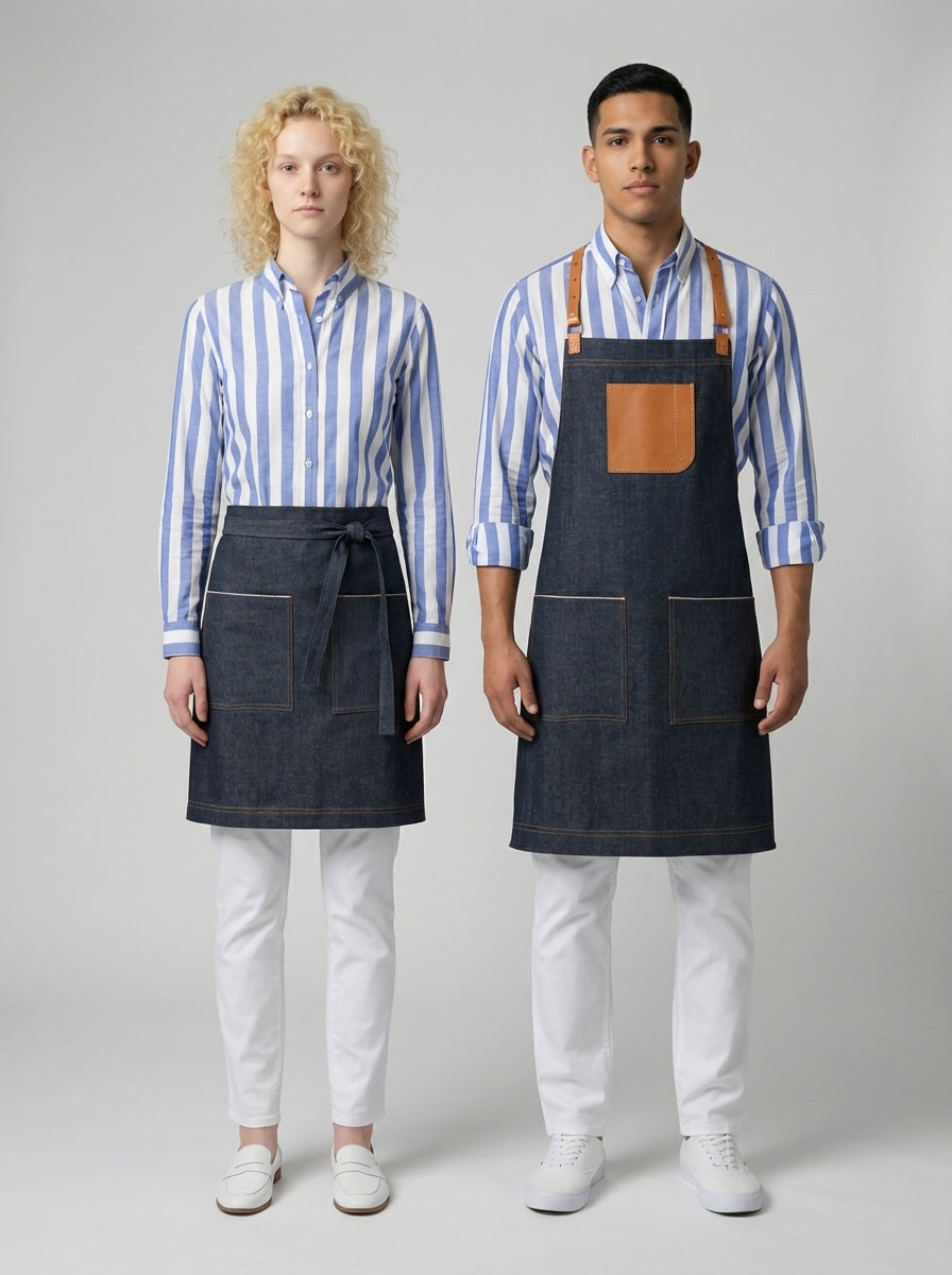 Dama y caballero con camisa de rayas anchas azul de cuello abotonado y mandil de mezclilla para personal de restaurante.