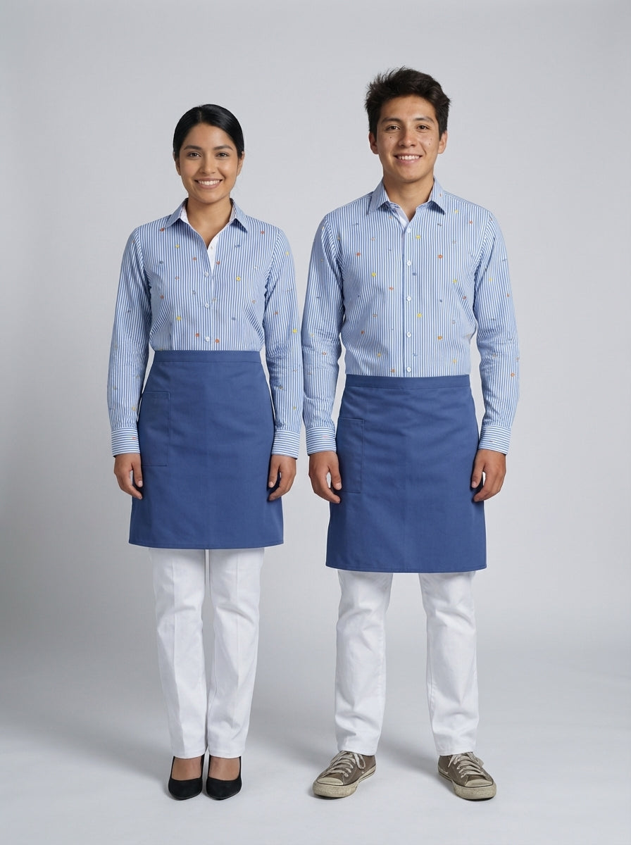 Dama y caballero con camisa de rayas azul de pequeño estampado y mandil azul para personal de restaurante.