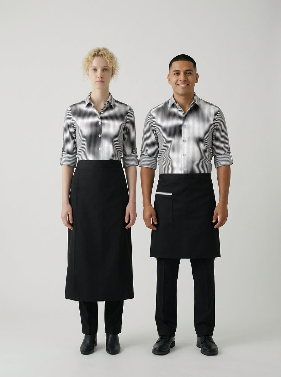 Dama y caballero con camisa de rayas negro y blanco y mandil negro de medio cuerpo para mesero de restaurante.
