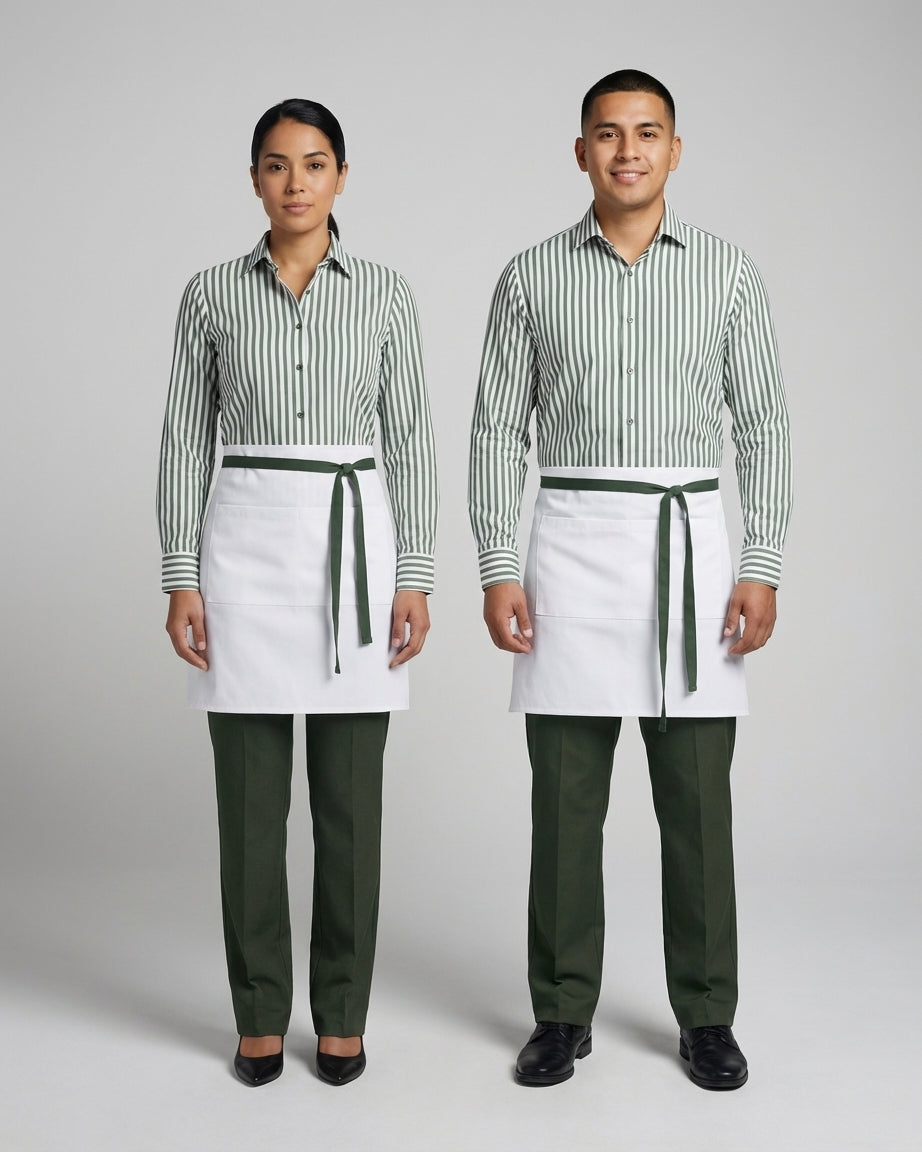 Dama y caballero con camisa de rayas verde y mandil blanco con lazo verde para personal de restaurante.