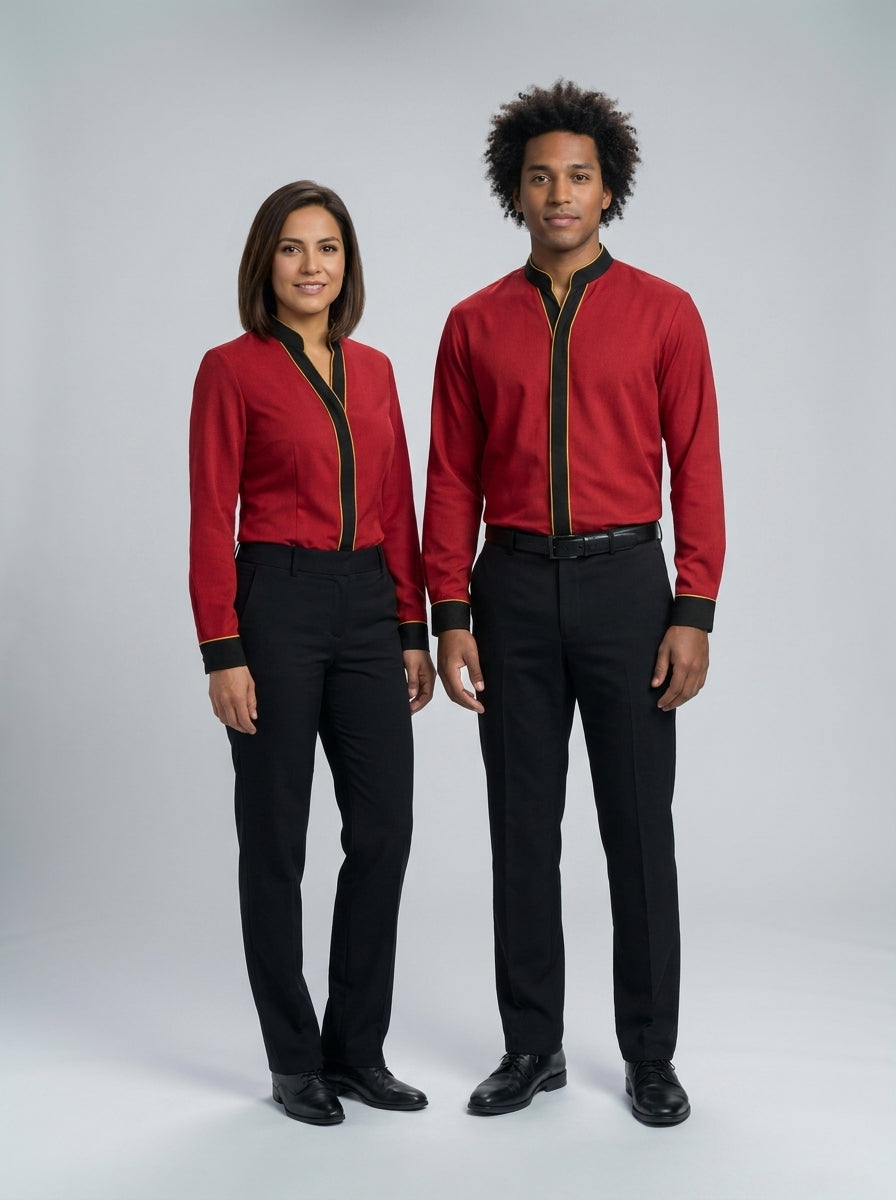 Camisa roja con ribete negro y dorado en pechera y puños, versión femenina y masculina para dealer de casino.