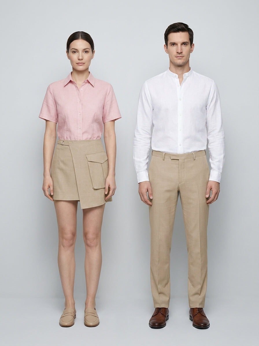 Dama con blusa rosa de lino y falda beige y caballero con camisa blanca de lino para personal de alberca de resort.
