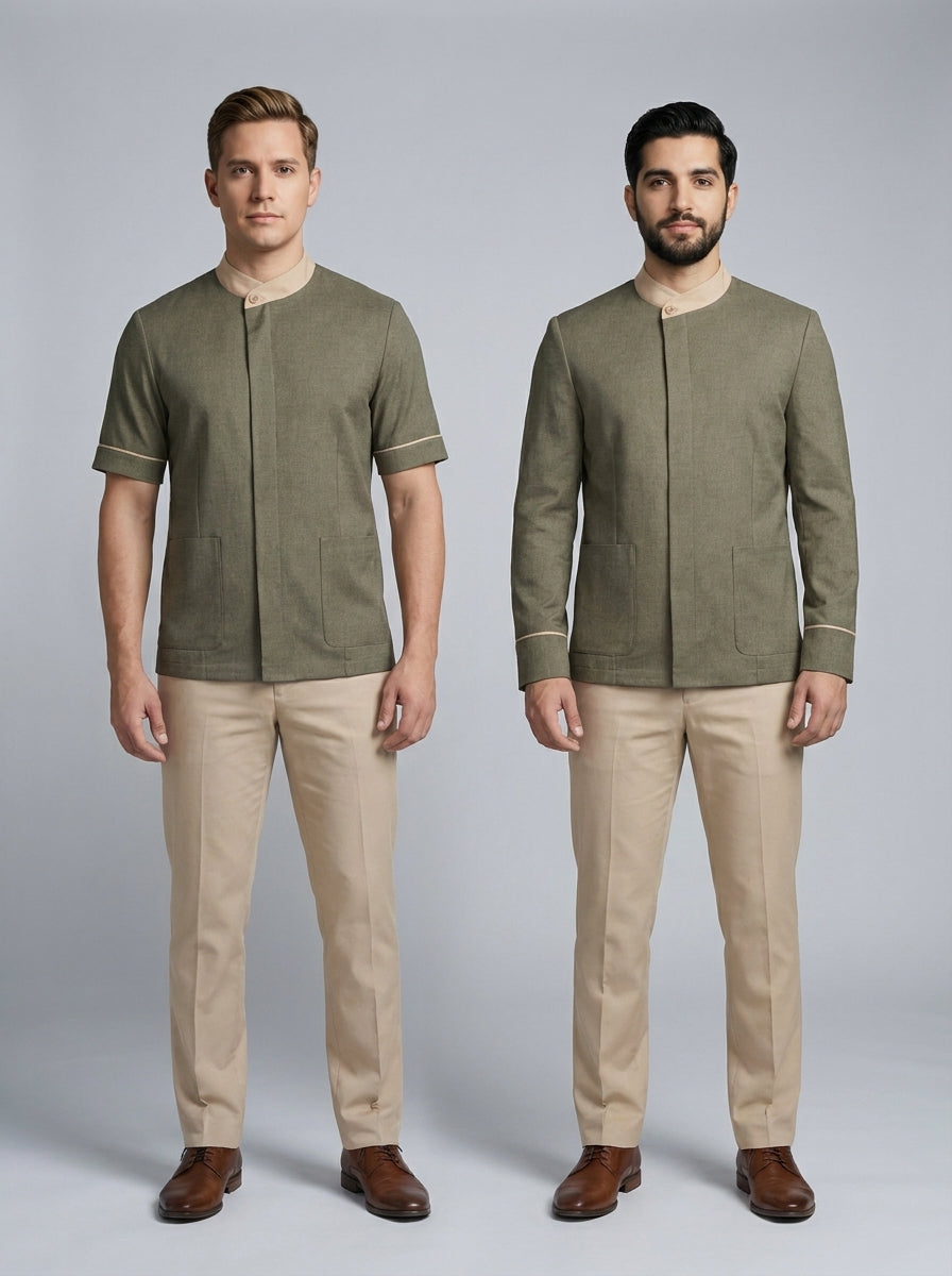 Dos caballeros con camisa verde olivo de cuello mao beige y pantalón beige para mozo de cuartos de hotel.