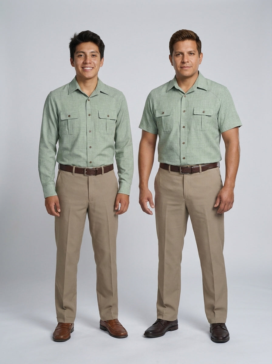 Dos caballeros con camisa verde salvia de bolsillos y pantalón caqui, en manga larga y corta, para mozo de cuartos de hotel.