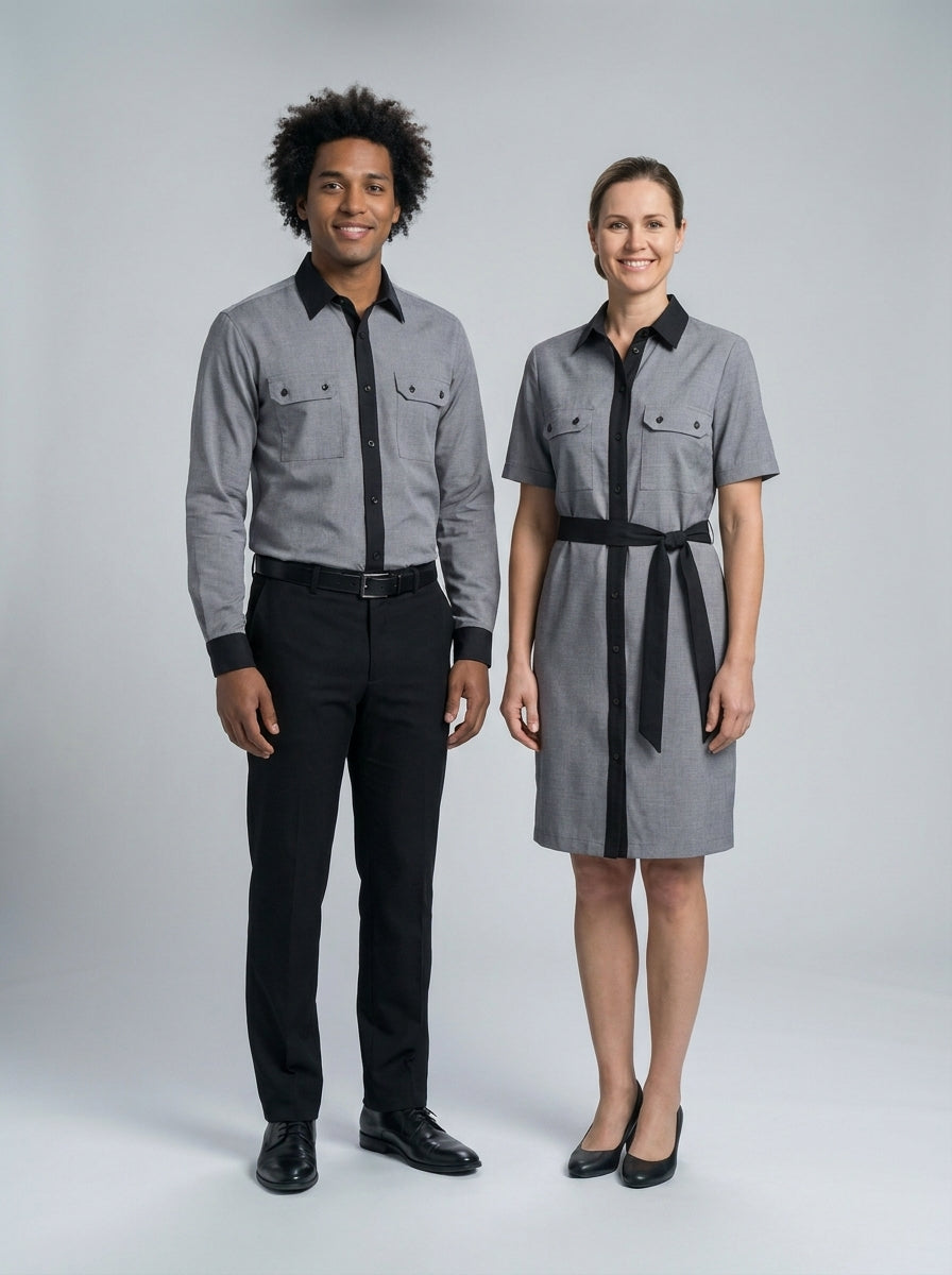Caballero con camisa gris de cuello negro y dama con vestido camisero gris de cinturón negro para camarista y mozo de hotel.