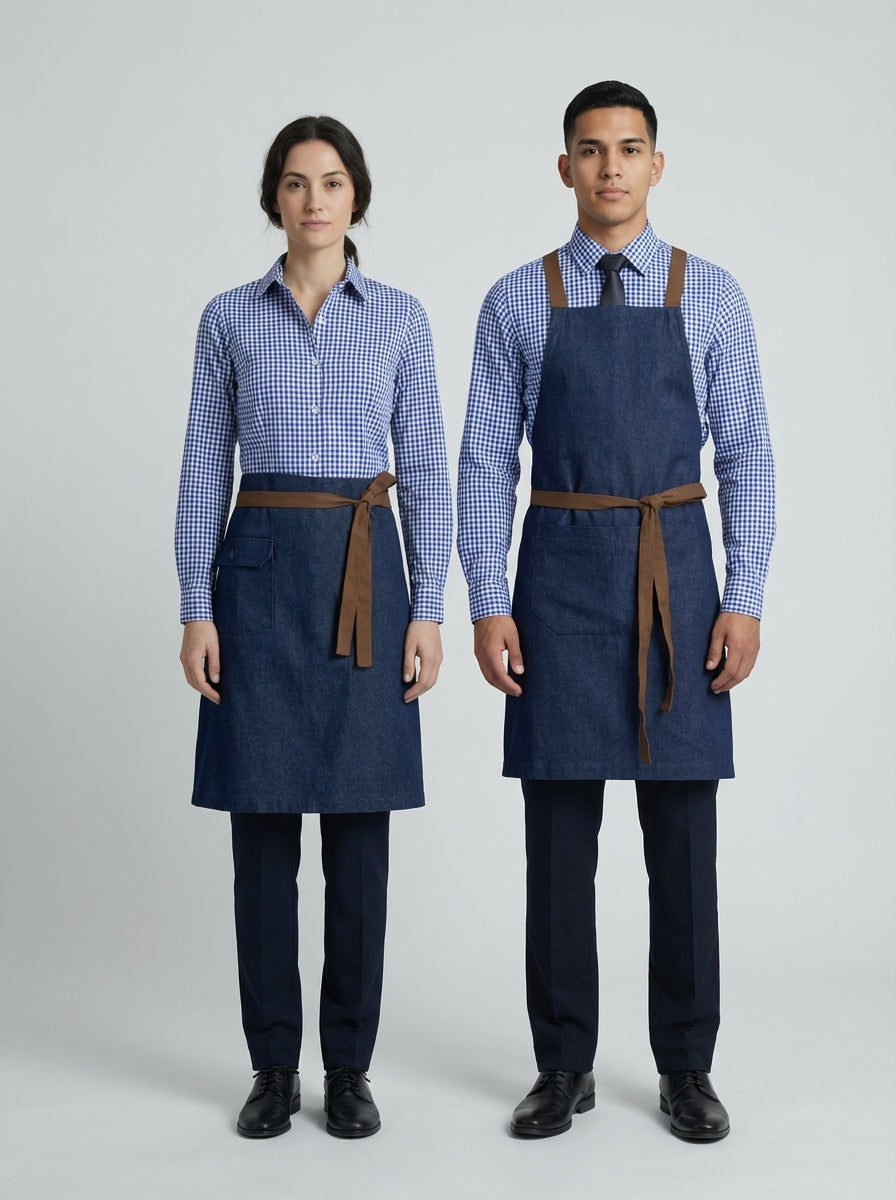 Dama y caballero con camisa a cuadros vichy azul y mandil de mezclilla para personal de restaurante.
