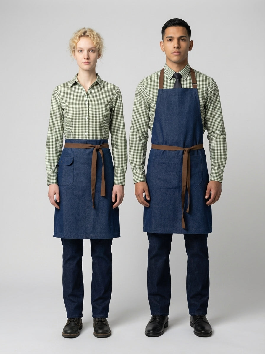 Dama y caballero con camisa a cuadros vichy verde y mandil de mezclilla para personal de restaurante.