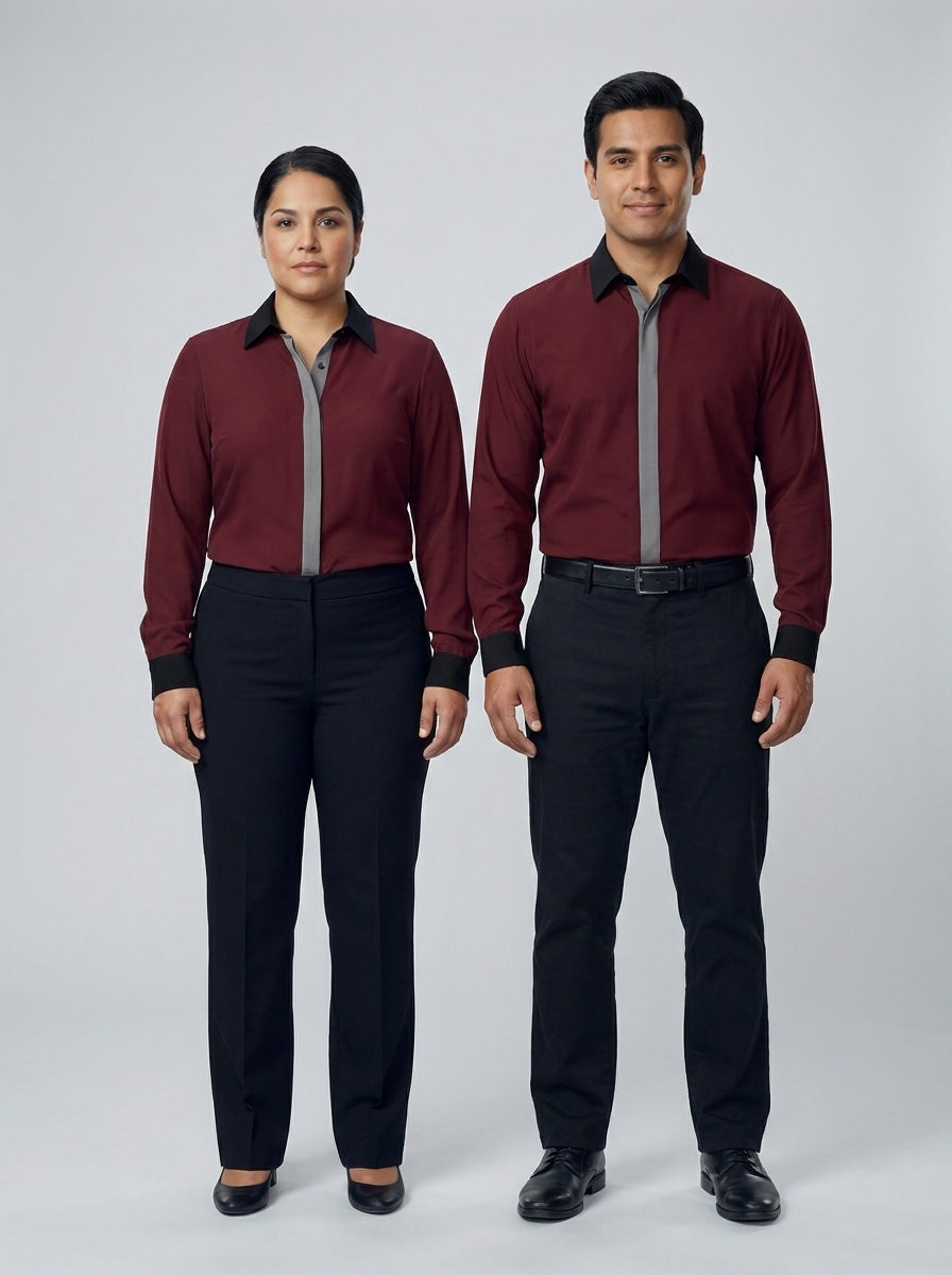 Camisa color vino de manga larga con franja gris frontal y puños negros para dealer de casino.