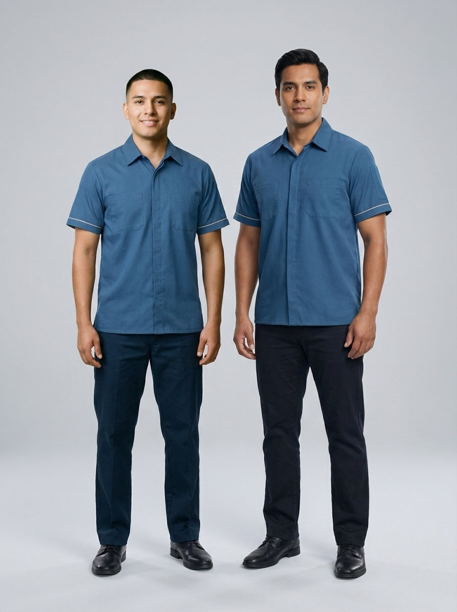 Dos caballeros con camisa azul acero de manga corta con bolsillos de pecho, para personal de resort.