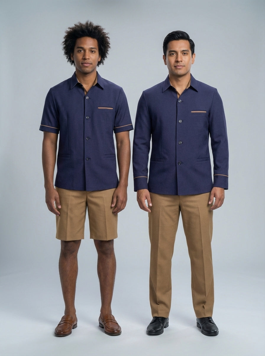 Dos caballeros con chaqueta azul marino de vivo caramelo, uno con bermuda y otro con pantalón, para bellboy y valet de hotel.