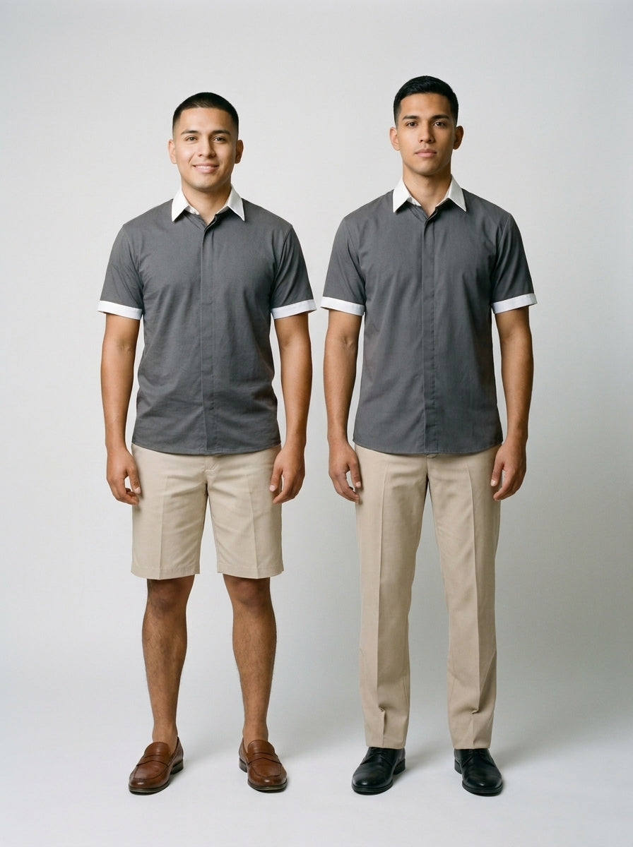 Dos caballeros con camisa gris de manga corta y cuello y puños blancos, bermuda y pantalón beige, para resort.
