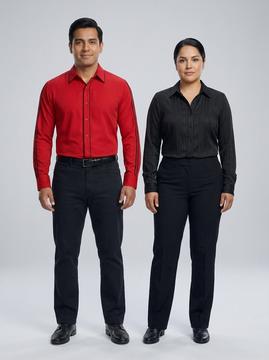 Caballero con camisa roja y ribete negro, y dama con camisa negra texturizada de rayas, para dealer de casino.